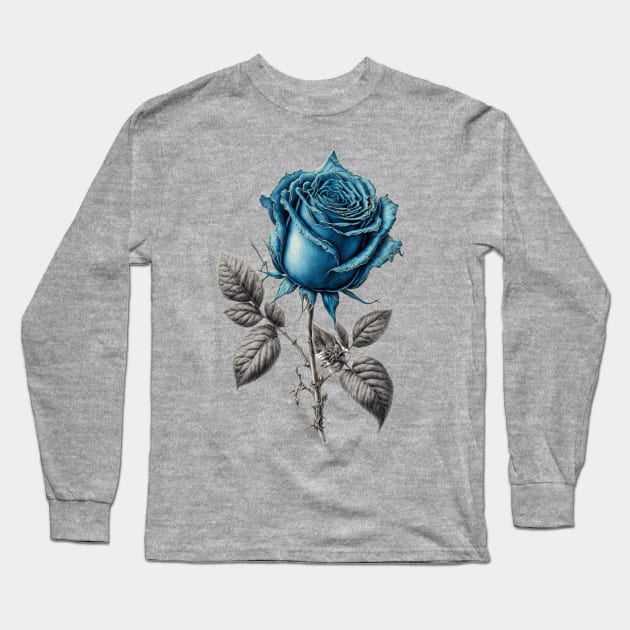 Blue Rose Drawing, Flower Drawing, Gift For Her Long Sleeve T-Shirt by DivShot 